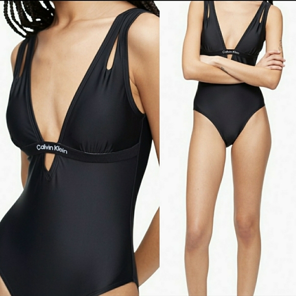 Calvin Klein Deep V One Piece Swimsuit - Picture 2 of 3